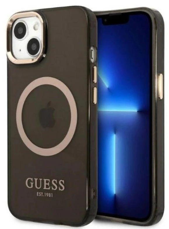 Guess GUHMP13MHTCMK Apple iPhone 13 / 14 / 15 6.1″ juodos spalvos kietas dėklas Gold Outline Translucent MagSafe
