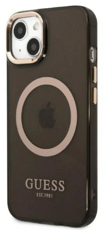Guess GUHMP13MHTCMK Apple iPhone 13 / 14 / 15 6.1″ juodos spalvos kietas dėklas Gold Outline Translucent MagSafe
