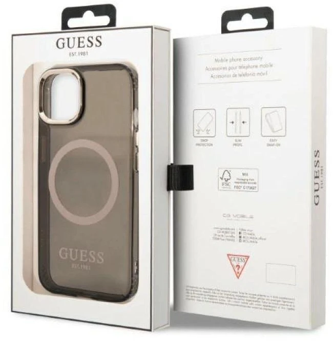 Guess GUHMP13MHTCMK Apple iPhone 13 / 14 / 15 6.1″ juodos spalvos kietas dėklas Gold Outline Translucent MagSafe