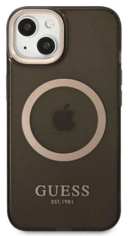 Guess GUHMP13MHTCMK Apple iPhone 13 / 14 / 15 6.1″ juodos spalvos kietas dėklas Gold Outline Translucent MagSafe