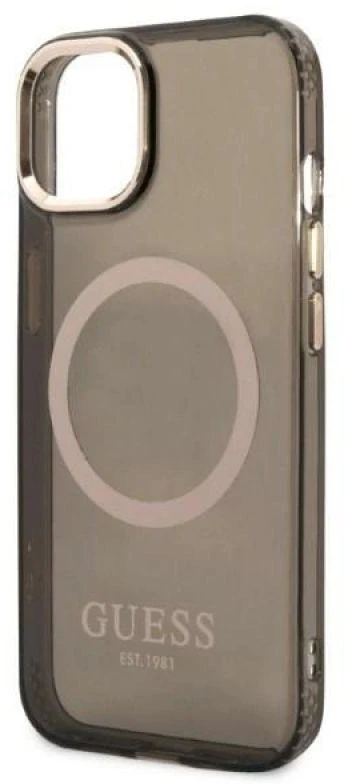 Guess GUHMP13MHTCMK Apple iPhone 13 / 14 / 15 6.1″ juodos spalvos kietas dėklas Gold Outline Translucent MagSafe