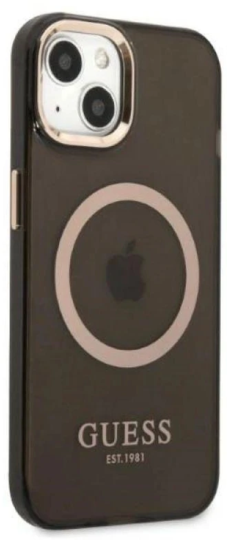 Guess GUHMP13MHTCMK Apple iPhone 13 / 14 / 15 6.1″ juodos spalvos kietas dėklas Gold Outline Translucent MagSafe