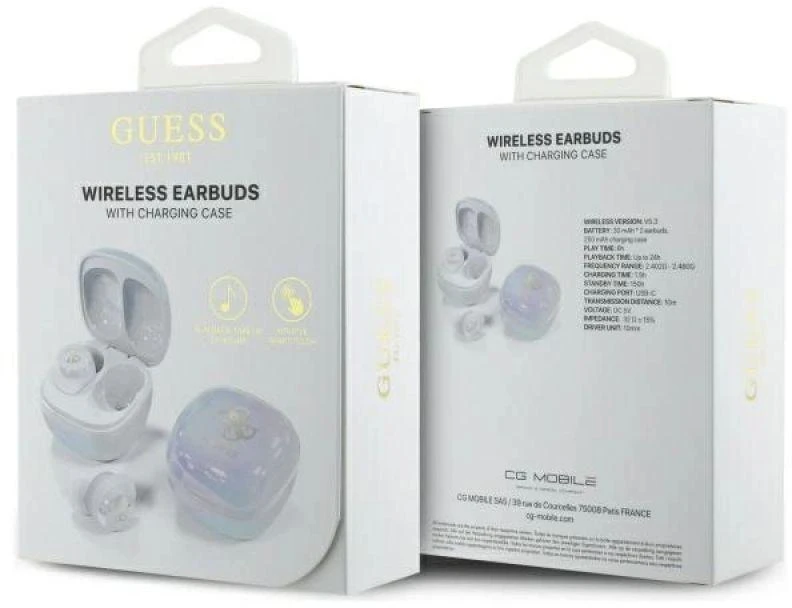 Guess belaidės ausinės GUTWSJ144ESH TWS su įkrovimo stotele baltos/baltos, vaivorykštinės su 4G spausdintu logotipu