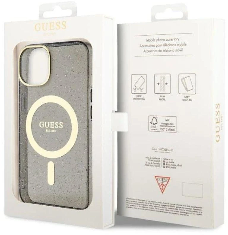 Guess GUHMP14SHCMCGK Apple iPhone 14 / 15 / 13 6.1″ juodos spalvos kietas dėklas Glitter Gold MagSafe