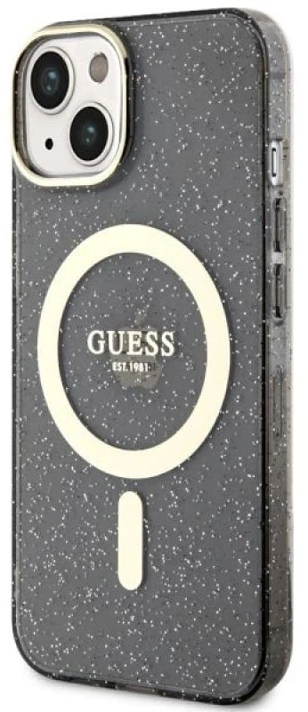 Guess GUHMP14SHCMCGK Apple iPhone 14 / 15 / 13 6.1″ juodos spalvos kietas dėklas Glitter Gold MagSafe