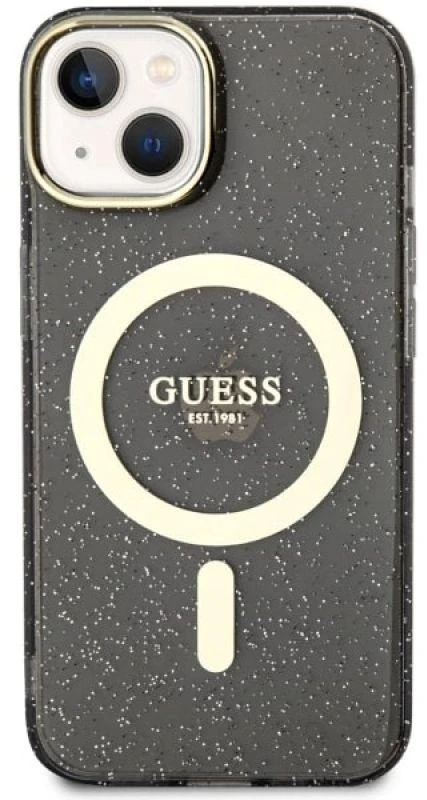 Guess GUHMP14SHCMCGK Apple iPhone 14 / 15 / 13 6.1″ juodos spalvos kietas dėklas Glitter Gold MagSafe