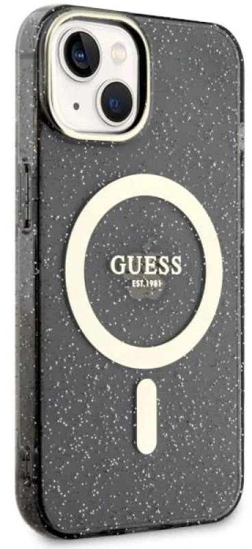 Guess GUHMP14SHCMCGK Apple iPhone 14 / 15 / 13 6.1″ juodos spalvos kietas dėklas Glitter Gold MagSafe