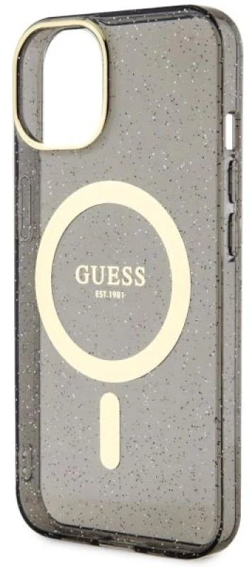 Guess GUHMP14SHCMCGK Apple iPhone 14 / 15 / 13 6.1″ juodos spalvos kietas dėklas Glitter Gold MagSafe