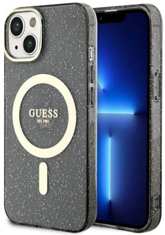 Guess GUHMP14SHCMCGK Apple iPhone 14 / 15 / 13 6.1″ juodos spalvos kietas dėklas Glitter Gold MagSafe