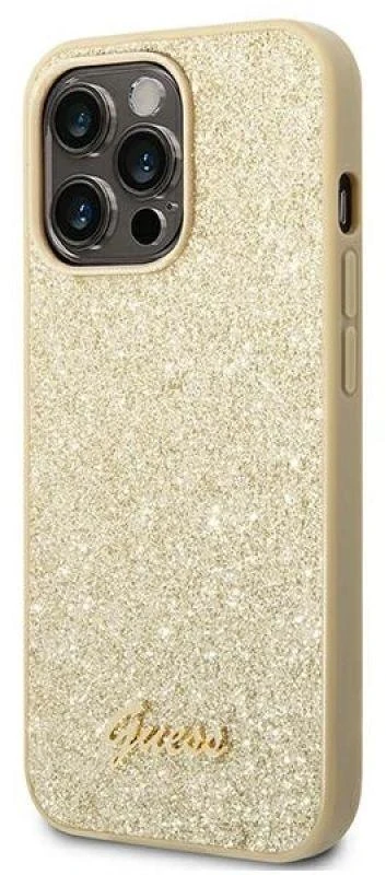 Guess GUHCP14LHGGSHD Apple iPhone 14 Pro 6,1″ auksinis kietas dėklas Glitter Script