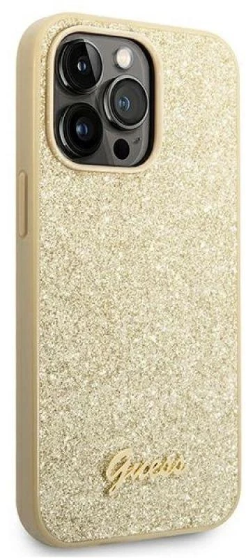 Guess GUHCP14LHGGSHD Apple iPhone 14 Pro 6,1″ auksinis kietas dėklas Glitter Script
