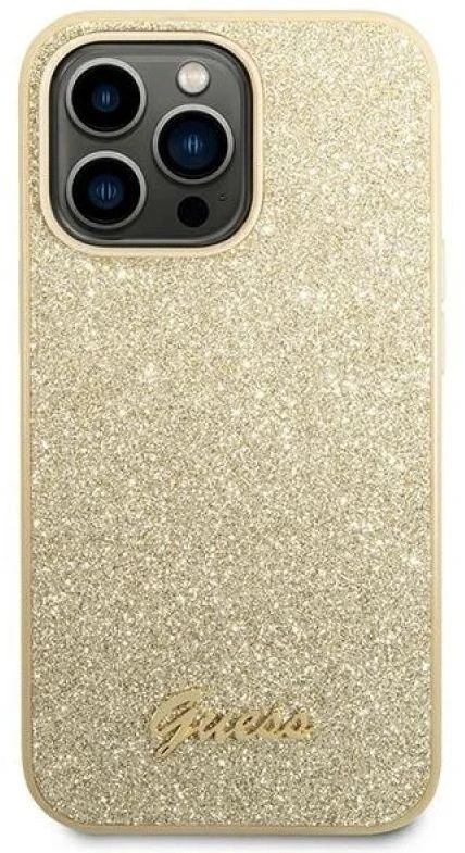 Guess GUHCP14LHGGSHD Apple iPhone 14 Pro 6,1″ auksinis kietas dėklas Glitter Script