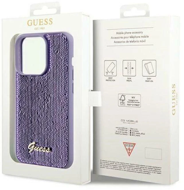 Guess GUHCP13XPSFDGSU Apple iPhone 13 Pro Max 6.7″ violetinės spalvos kietas dėklas Sequin Script Metal