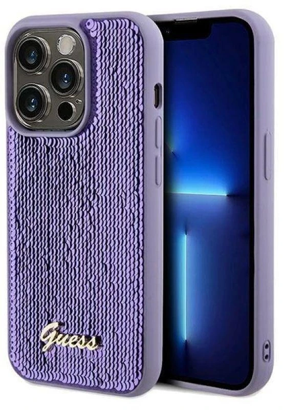 Guess GUHCP13XPSFDGSU Apple iPhone 13 Pro Max 6.7″ violetinės spalvos kietas dėklas Sequin Script Metal
