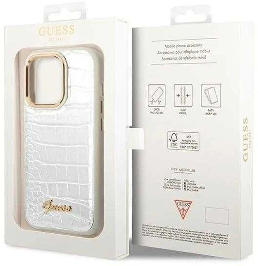„Guess Croco Collection“ dėklas, skirtas iPhone 14 Pro 6.1" - sidabrinis