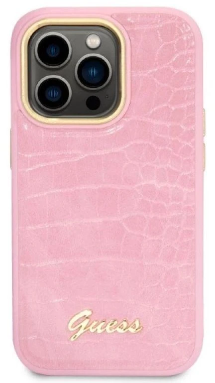 Guess GUHCP14LHGCRHP iPhone 14 Pro 6,1 colio eilinis/rožinis kietas dėklas Croco kolekcija
