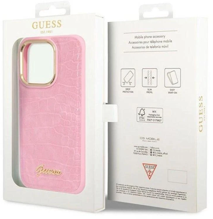 Guess GUHCP14LHGCRHP iPhone 14 Pro 6,1 colio eilinis/rožinis kietas dėklas Croco kolekcija