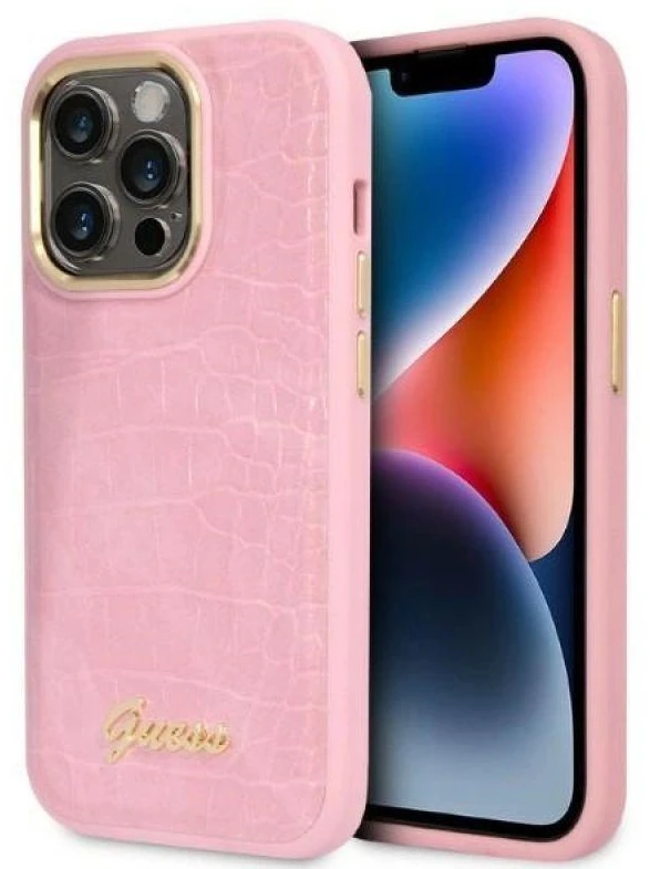Guess GUHCP14LHGCRHP iPhone 14 Pro 6,1 colio eilinis/rožinis kietas dėklas Croco kolekcija