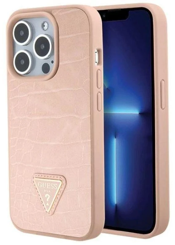 Guess GUHCP15LPCRTHCP Apple iPhone 15 Pro 6.1″ rožinės spalvos kietas dėklas Croco Triangle Metal Logo