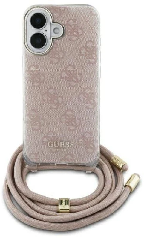 Guess GUHCP16SHC4SEP Apple iPhone 16 6.1″ rožinės spalvos kietas dėklas Crossbody Cord 4G Print