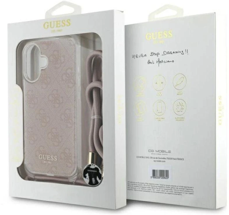 Guess GUHCP16SHC4SEP Apple iPhone 16 6.1″ rožinės spalvos kietas dėklas Crossbody Cord 4G Print