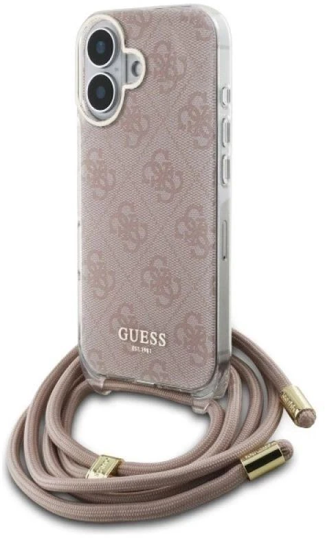 Guess GUHCP16SHC4SEP Apple iPhone 16 6.1″ rožinės spalvos kietas dėklas Crossbody Cord 4G Print