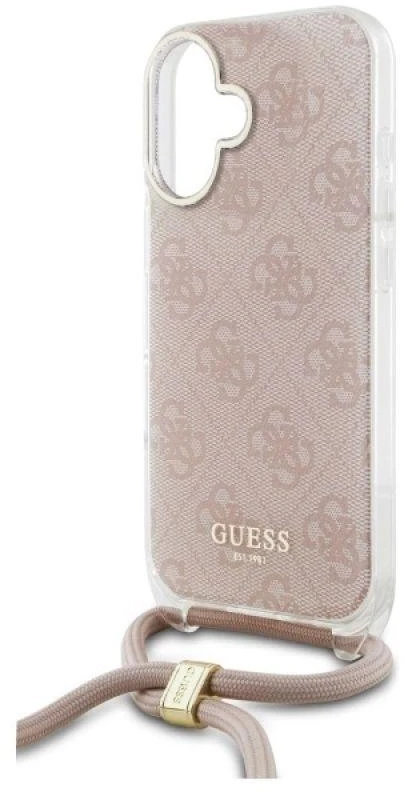 Guess GUHCP16SHC4SEP Apple iPhone 16 6.1″ rožinės spalvos kietas dėklas Crossbody Cord 4G Print