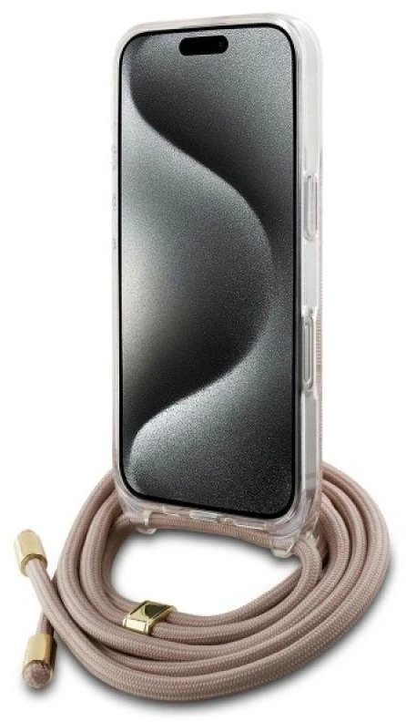 Guess GUHCP16SHC4SEP Apple iPhone 16 6.1″ rožinės spalvos kietas dėklas Crossbody Cord 4G Print