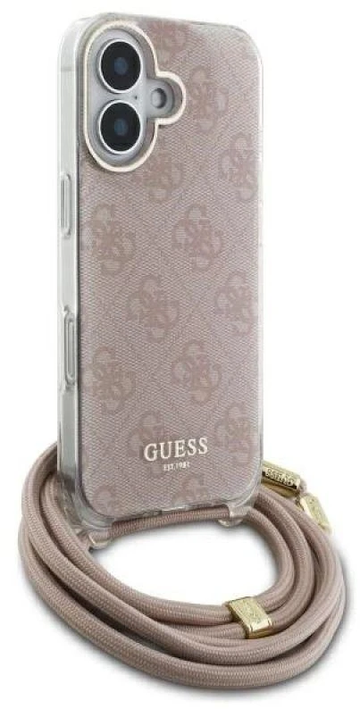Guess GUHCP16SHC4SEP Apple iPhone 16 6.1″ rožinės spalvos kietas dėklas Crossbody Cord 4G Print