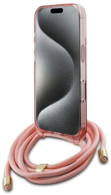 Guess GUHMP16XHCTSGNSP Apple iPhone 16 Pro Max 6.9″ rožinės spalvos kietas dėklas Crossbody Cord Script MagSafe
