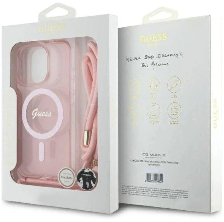 Guess GUHMP16XHCTSGNSP Apple iPhone 16 Pro Max 6.9″ rožinės spalvos kietas dėklas Crossbody Cord Script MagSafe
