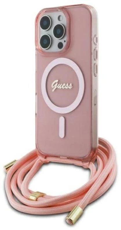 Guess GUHMP16XHCTSGNSP Apple iPhone 16 Pro Max 6.9″ rožinės spalvos kietas dėklas Crossbody Cord Script MagSafe