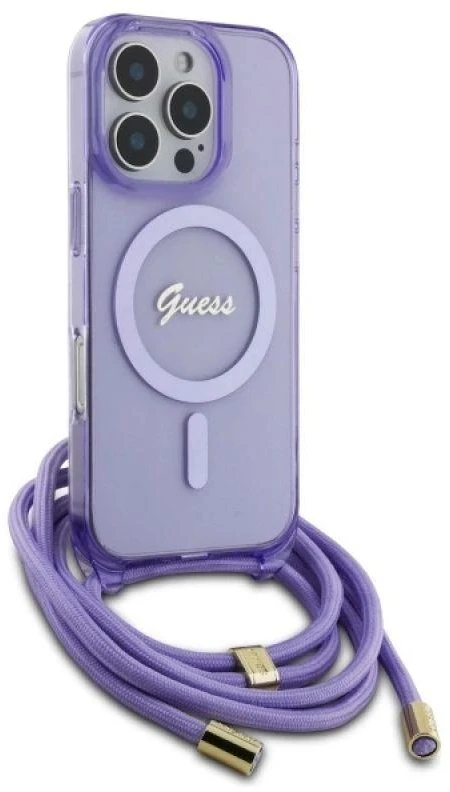 Guess GUHMP16XHCTSGNSU Apple iPhone 16 Pro Max 6.9″ violetinės spalvos kietas dėklas Crossbody Cord Script MagSaf