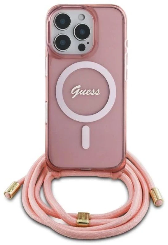 Guess GUHMP16LHCTSGNSP Apple iPhone 16 Pro 6.3″ rožinės spalvos kietas dėklas Crossbody Cord Script MagSafe