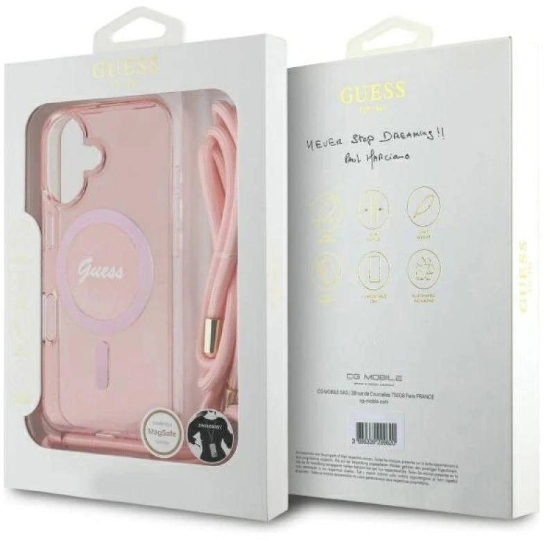 Guess GUHMP16SHCTSGNSP Apple iPhone 16 6.1″ rožinės spalvos kietas dėklas Crossbody Cord Script MagSafe