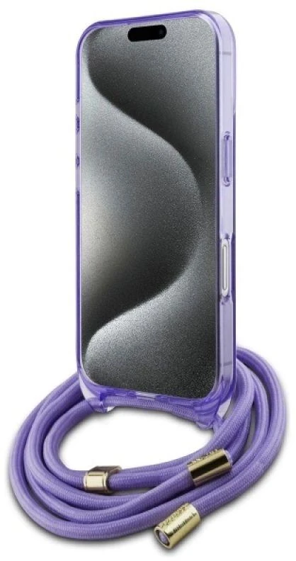 Guess GUHMP16SHCTSGNSU Apple iPhone 16 6.1″ violetinės spalvos kietas dėklas Crossbody Cord Script MagSafe
