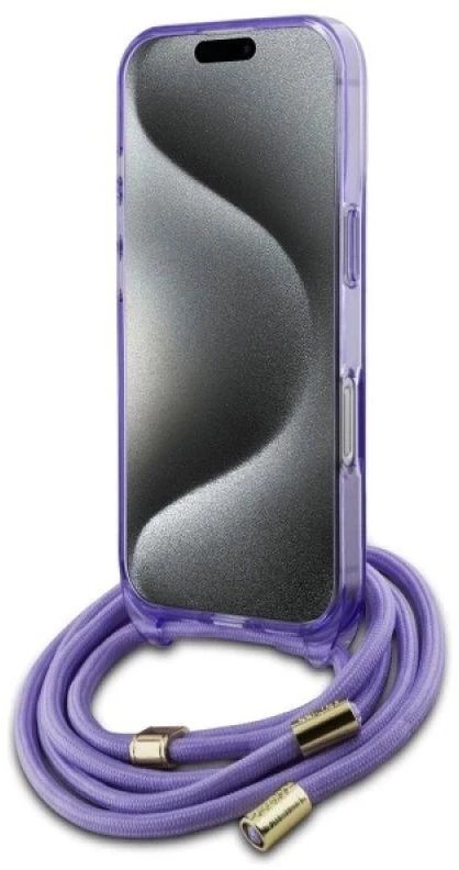 Guess GUHMP16XHCTSGNSU Apple iPhone 16 Pro Max 6.9″ violetinės spalvos kietas dėklas Crossbody Cord Script MagSaf