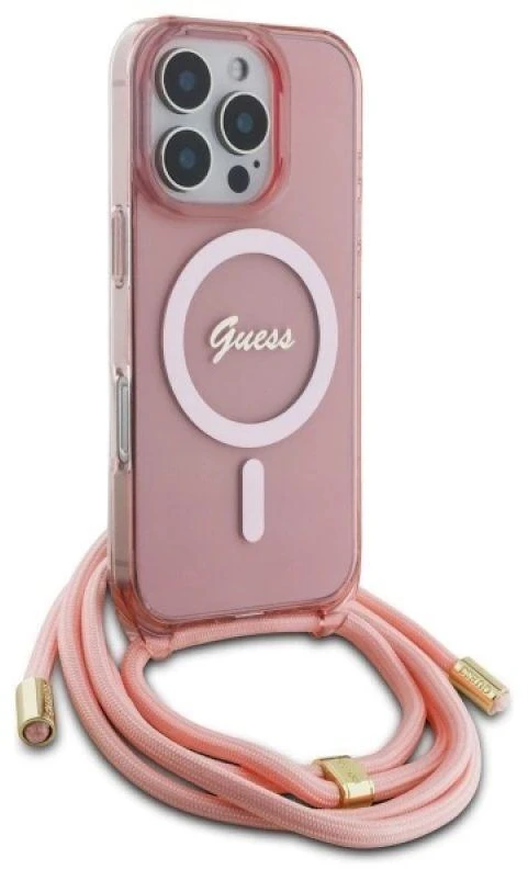 Guess GUHMP16LHCTSGNSP Apple iPhone 16 Pro 6.3″ rožinės spalvos kietas dėklas Crossbody Cord Script MagSafe