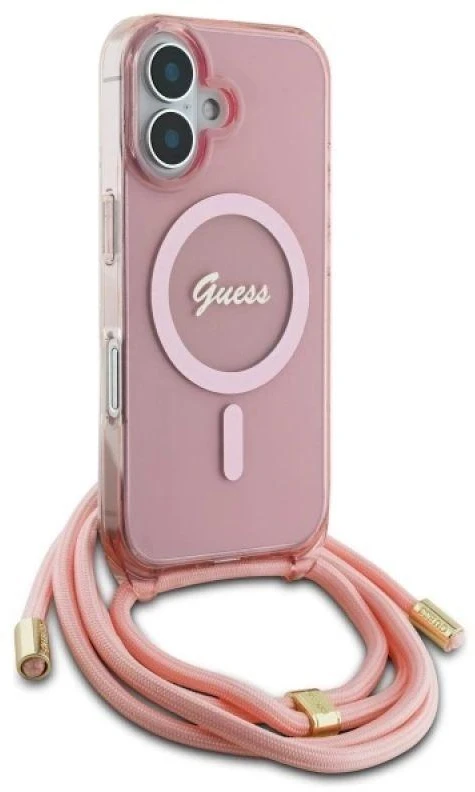 Guess GUHMP16SHCTSGNSP Apple iPhone 16 6.1″ rožinės spalvos kietas dėklas Crossbody Cord Script MagSafe