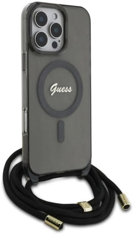 Guess GUHMP16XHCTSGNSK Apple iPhone 16 Pro Max 6.9″ juodos spalvos kietas dėklas Crossbody Cord Script MagSafe