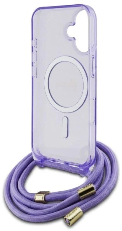 Guess GUHMP16SHCTSGNSU Apple iPhone 16 6.1″ violetinės spalvos kietas dėklas Crossbody Cord Script MagSafe