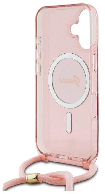 Guess GUHMP16SHCTSGNSP Apple iPhone 16 6.1″ rožinės spalvos kietas dėklas Crossbody Cord Script MagSafe
