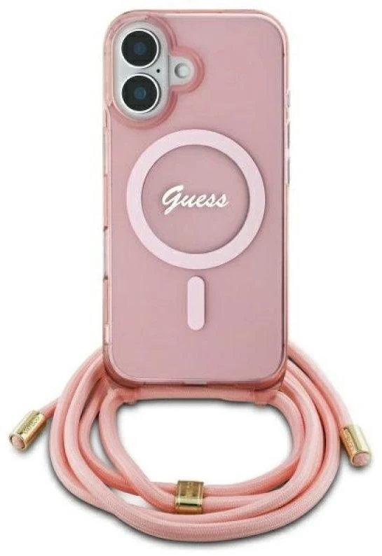 Guess GUHMP16SHCTSGNSP Apple iPhone 16 6.1″ rožinės spalvos kietas dėklas Crossbody Cord Script MagSafe