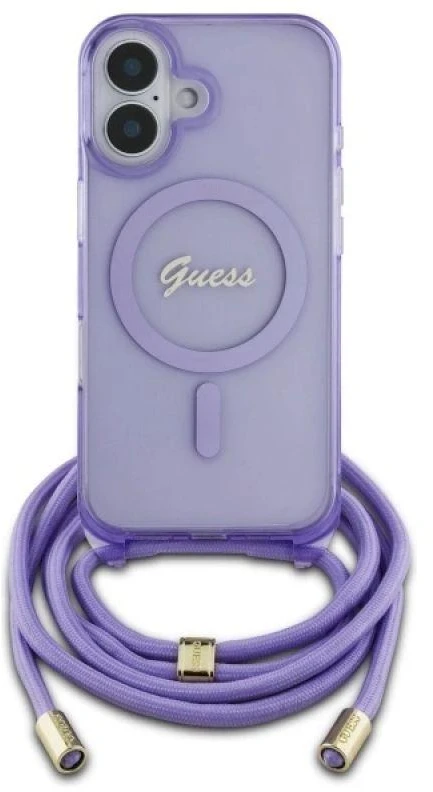 Guess GUHMP16SHCTSGNSU Apple iPhone 16 6.1″ violetinės spalvos kietas dėklas Crossbody Cord Script MagSafe