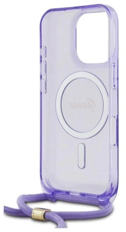 Guess GUHMP16XHCTSGNSU Apple iPhone 16 Pro Max 6.9″ violetinės spalvos kietas dėklas Crossbody Cord Script MagSaf