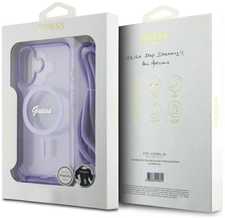 Guess GUHMP16SHCTSGNSU Apple iPhone 16 6.1″ violetinės spalvos kietas dėklas Crossbody Cord Script MagSafe