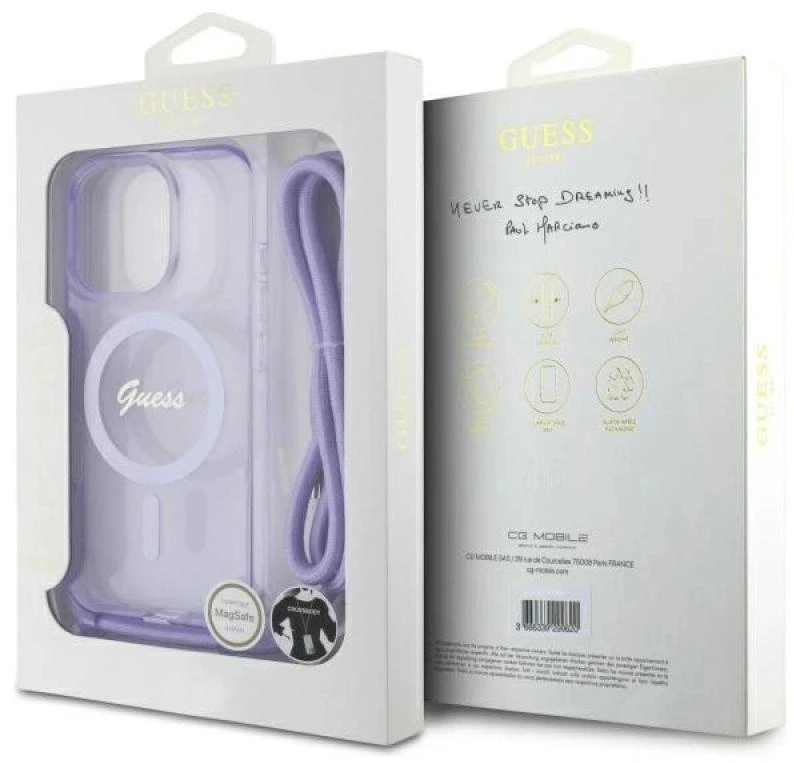 Guess GUHMP16XHCTSGNSU Apple iPhone 16 Pro Max 6.9″ violetinės spalvos kietas dėklas Crossbody Cord Script MagSaf