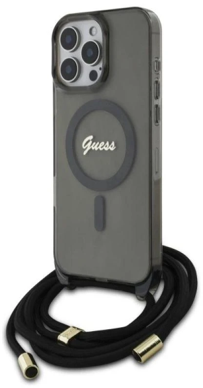 Guess GUHMP16XHCTSGNSK Apple iPhone 16 Pro Max 6.9″ juodos spalvos kietas dėklas Crossbody Cord Script MagSafe