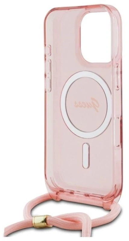 Guess GUHMP16LHCTSGNSP Apple iPhone 16 Pro 6.3″ rožinės spalvos kietas dėklas Crossbody Cord Script MagSafe