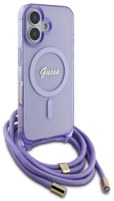 Guess GUHMP16SHCTSGNSU Apple iPhone 16 6.1″ violetinės spalvos kietas dėklas Crossbody Cord Script MagSafe